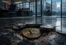 Bitcoin drops toward $65k after new Trump Iran delay sends oil higher, triggering $200M wipeout Bitcoin coin sunk into a cracked trading office floor as red market charts flash in the background after the price fell below $70,000