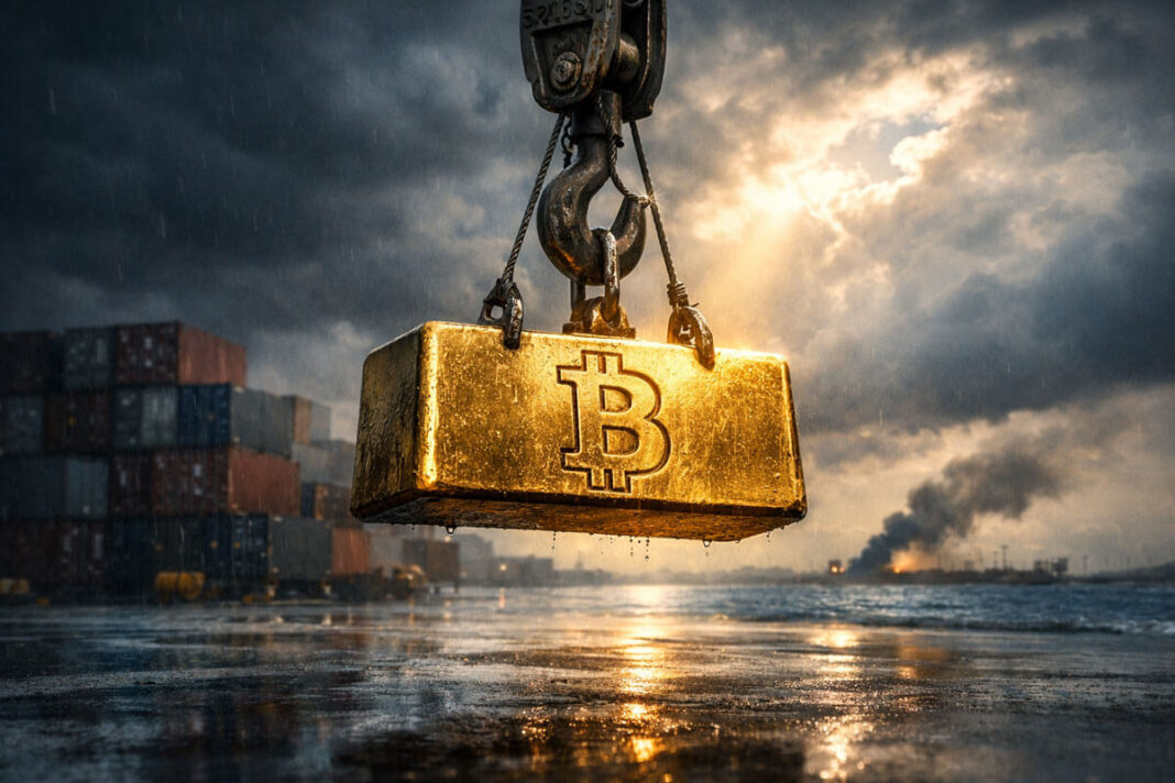 Bitcoin gold bar suspended by an industrial crane above a stormy shipping port, symbolizing Bitcoin’s price surge amid geopolitical tension from the Iran war and uncertainty tied to Trump tariff policies.