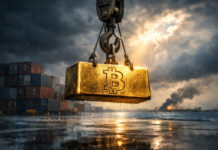 Bitcoin price confirms recovery hitting highest price since start of Iran war and Trump tariff chaos Bitcoin gold bar suspended by an industrial crane above a stormy shipping port, symbolizing Bitcoin’s price surge amid geopolitical tension from the Iran war and uncertainty tied to Trump tariff policies.