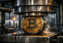 Bitcoin price faces a crucial weekend test as US growth collapses to 0.7% while inflation stays stubborn Bitcoin coin being crushed by an industrial press in a smoky refinery setting, symbolizing pressure on Bitcoin price as US economic growth slows and inflation remains persistent