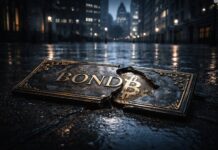 Britain’s bond panic is currently making the case for Bitcoin many people seem to have forgetten Cracked bond plaque revealing a Bitcoin beneath on a rain-soaked city street, symbolizing Britain’s bond market turmoil shifting attention toward Bitcoin