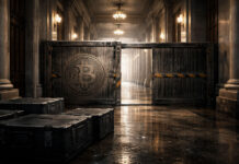Citi slashes Bitcoin target by $31,000 despite rising prices as Washington delays stall crypto breakout Bitcoin-marked barrier blocking a government hallway with cases left outside, symbolizing Citi lowering its price target as slow Washington policy delays impact crypto outlook