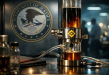 DOJ probes Binance again over Iran-linked crypto flows after $4.3B settlement and CZ pardon Binance-branded device with dark liquid in front of a Department of Justice seal, symbolizing renewed DOJ probe into Iran-linked crypto flows after the $4.3 billion settlement and CZ pardon