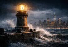 Fed rate cut chance hits zero, threatening stagflation where Bitcoin thrives as a hedge against long term inflation Bitcoin lighthouse in a stormy sea facing a city skyline, symbolizing renewed Fed rate hike bets testing Bitcoin’s macro outlook