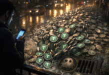 Miss this warning and you too could lose 99.9% in one swap while Ethereum bots walk away with the rest Binance coin on a boardroom table beside a cracked glass panel and a newspaper, symbolizing legal pressure and shifting media scrutiny surrounding the latest lawsuit against Binance