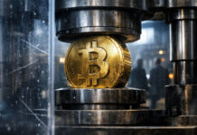 Moody’s recession odds hit ‘point of no return’ preparing Bitcoin to show its true market value in 2026 Bitcoin-marked barrier blocking a government hallway with cases left outside, symbolizing Citi lowering its price target as slow Washington policy delays impact crypto outlook