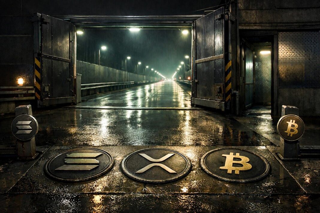 Sealed envelopes stamped with crypto symbols moving through a processing line, representing FTX payout distributions as Bitcoin rebounds and recycling flows shape market impact