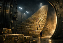 Strategy on course to hit 1 million BTC this year — and STRC is the clearest reason why Massive vault stacked with gold Bitcoin bars rising like a pyramid as a lone figure looks on, illustrating rapid accumulation toward a potential 1 million BTC strategy driven by STRC