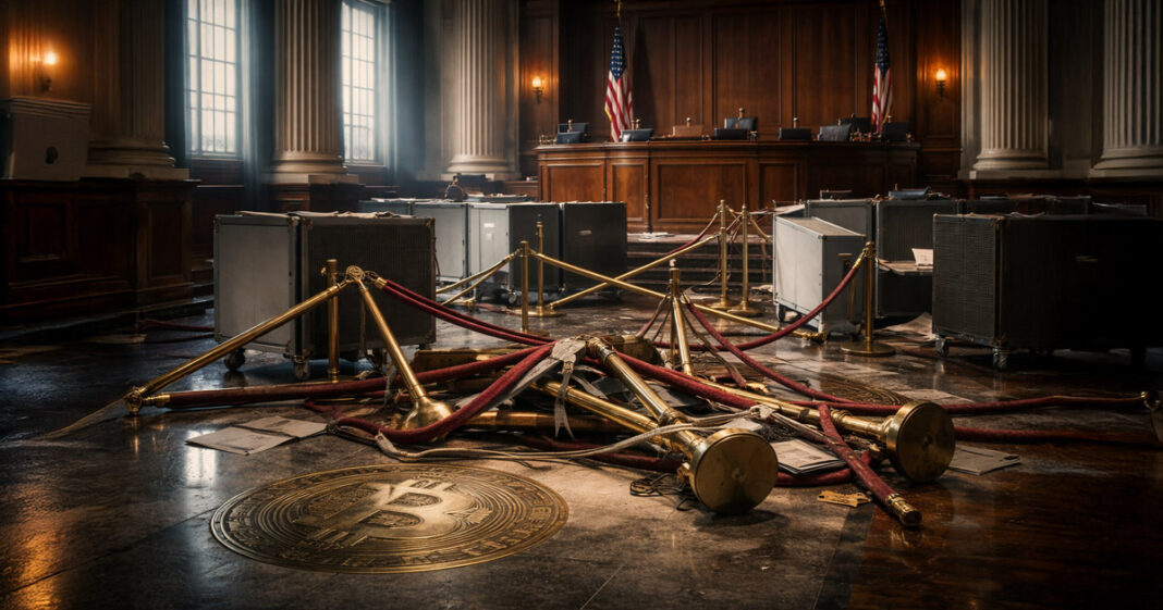Open case filled with gold Bitcoin coins on wet pavement at dusk, symbolizing the White House claim that the Iran war consumed value equal to half of the US Bitcoin reserve in six days