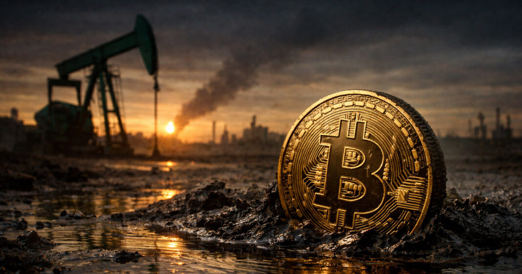 Bitcoin rising from an oil-soaked landscape with pumpjack in the background, symbolizing BTC reclaiming $70,000 after an oil price plunge eased inflation fears ahead of CPI data