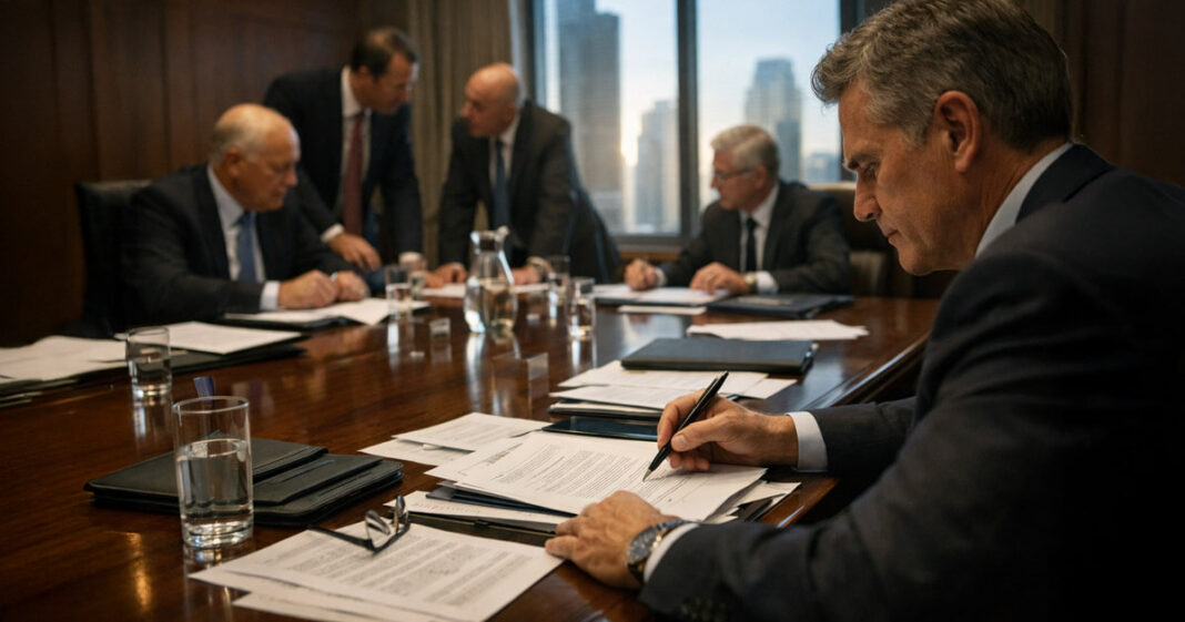 Bear trap snapping shut on a blank report beside spilled oil and a construction helmet on a boardroom table, symbolizing the Federal Reserve’s policy dilemma as soft CPI, weak jobs data, and rising oil prices collide
