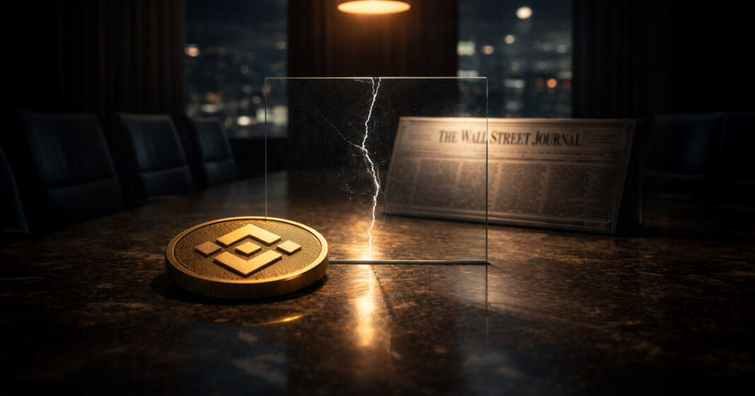 Binance coin on a boardroom table beside a cracked glass panel and a newspaper, symbolizing legal pressure and shifting media scrutiny surrounding the latest lawsuit against Binance