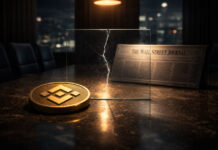 Why Binance suddenly isn’t afraid of negative press anymore Binance coin on a boardroom table beside a cracked glass panel and a newspaper, symbolizing legal pressure and shifting media scrutiny surrounding the latest lawsuit against Binance