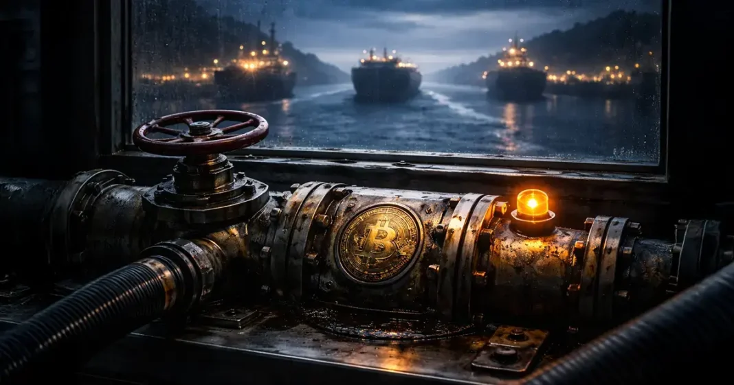 Two executives moving a secured XRP-branded case down a hallway, symbolizing a 78% collapse in XRP leverage while $1.4 billion in ETF inflows remains tied to Ripple’s expanding footprint