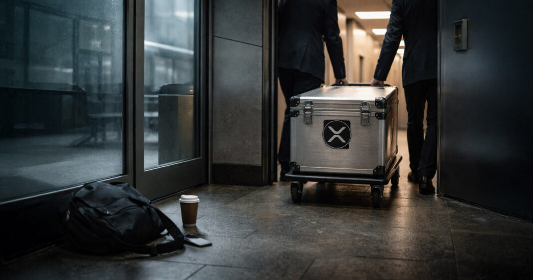 Two executives moving a secured XRP-branded case down a hallway, symbolizing a 78% collapse in XRP leverage while $1.4 billion in ETF inflows remains tied to Ripple’s expanding footprint