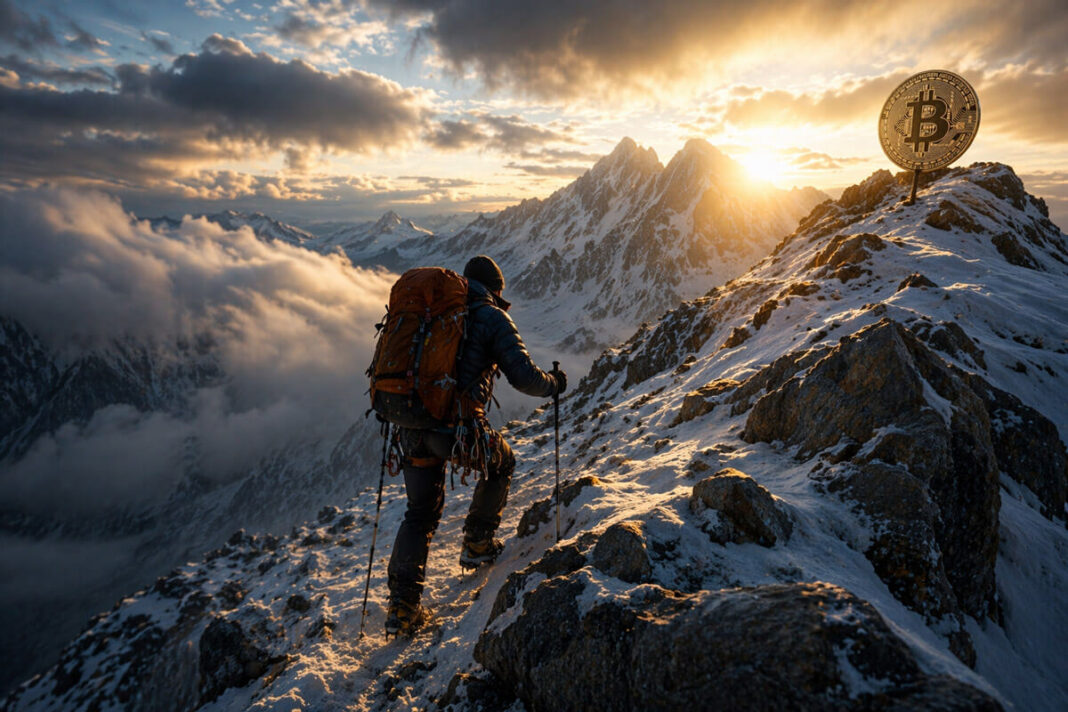 Climber ascending a snowy mountain toward a Bitcoin symbol at the peak, representing traders positioning for a move toward $80,000