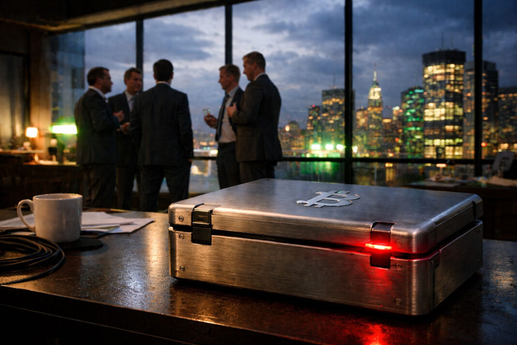 Bitcoin-marked case on a desk with traders in the background, signaling derivatives markets warning of a pullback after a ceasefire-driven rally in a $46B crypto market