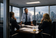 Bitcoin looks ready to break $70k — but one group decision keeps capping the rally Executives in a boardroom reviewing documents beside a Bitcoin coin, reflecting institutional players influencing and repeatedly stalling the rally toward $70,000