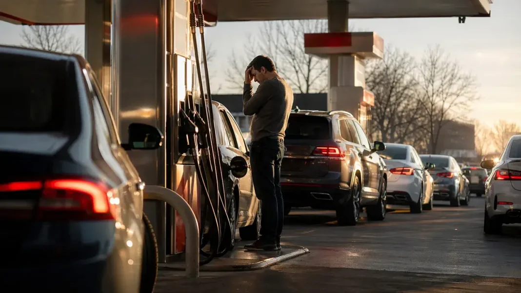 Frustrated driver at a gas pump with a line of cars behind him at sunset, reflecting the strain of oil nearing $100 and the broader pressure it could put on Bitcoin this week