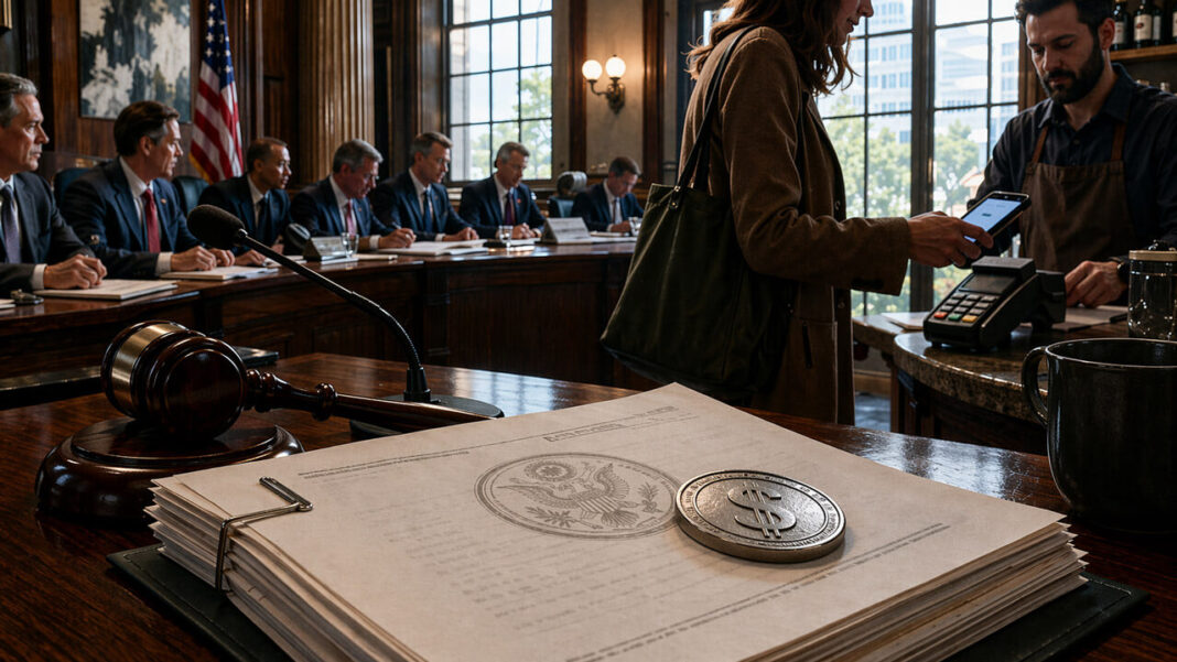Congressional hearing room with U.S. documents and a dollar coin in the foreground as a woman pays by phone, symbolizing stablecoins becoming easier to use while Bitcoin still awaits regulatory clarity