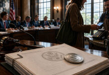 Congress on verge of making regulated dollar stablecoins act almost like digital cash Congressional hearing room with U.S. documents and a dollar coin in the foreground as a woman pays by phone, symbolizing stablecoins becoming easier to use while Bitcoin still awaits regulatory clarity