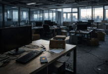 Crypto apps are shutting down as billions move into Bitcoin ETFs and stablecoins Empty office with idle computers and packed boxes, reflecting crypto apps shutting down as capital shifts to Bitcoin ETFs and stablecoins