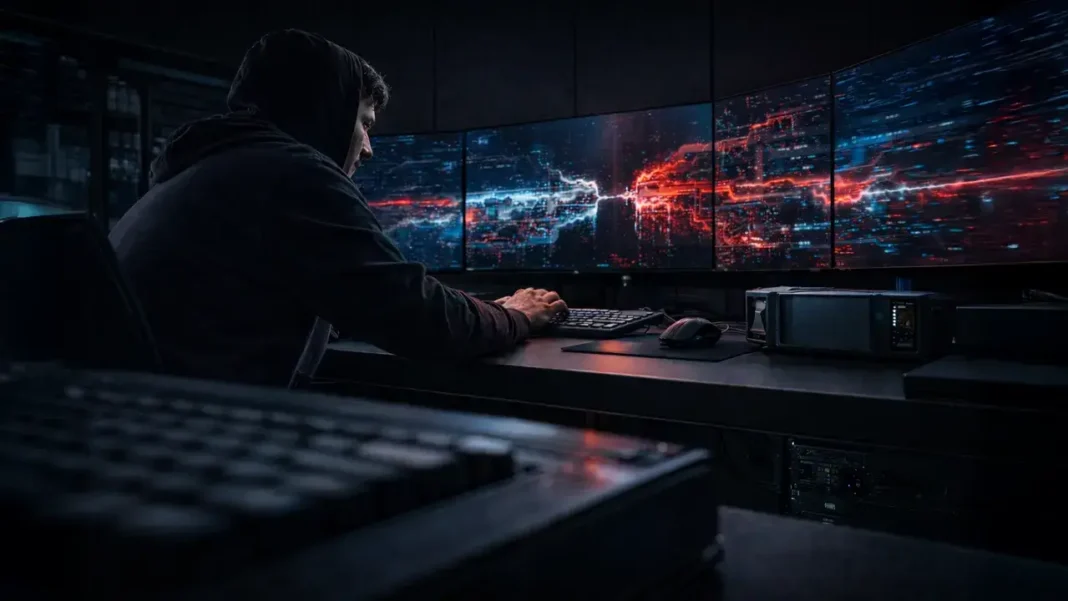 Bitcoin coin lodged in a deep crack between Wall Street and a rundown gas station street, symbolizing fragile markets as record highs clash with collapsing consumer confidence