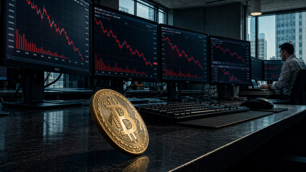 Bitcoin coin on a trading desk before multiple screens showing sharp red market declines, reflecting global market stress as the FSB warns of a double or triple whammy from private credit