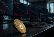 FSB warns of ‘triple whammy’ crisis as private credit threat to global markets worsens Bitcoin coin on a trading desk before multiple screens showing sharp red market declines, reflecting global market stress as the FSB warns of a double or triple whammy from private credit