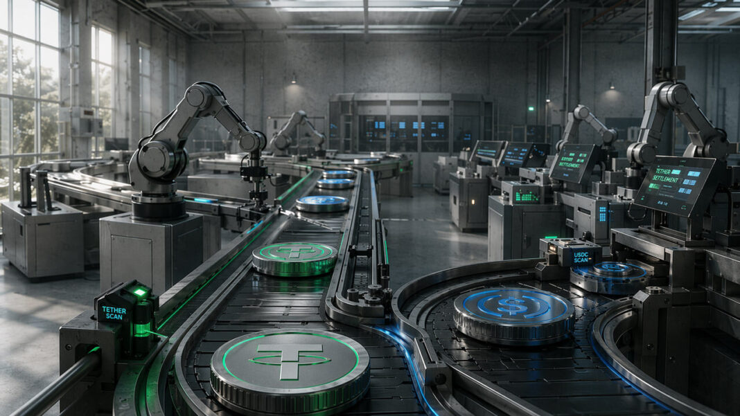 Robotic arms sorting stablecoin tokens on an automated factory line, illustrating how crypto’s agent economy is largely powered by bot-driven stablecoin flows