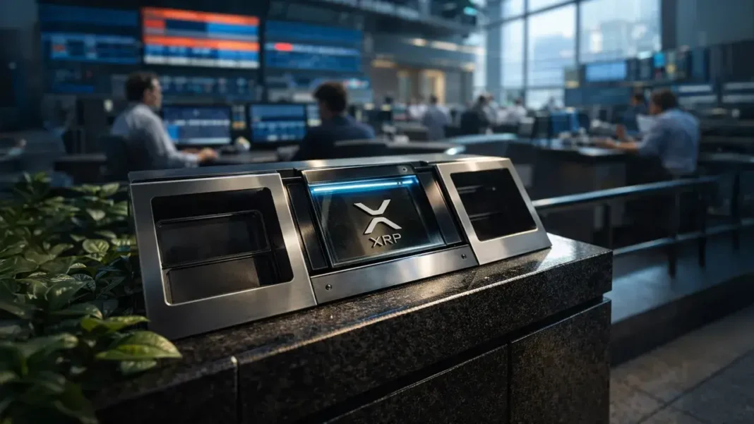 Bitcoin coin lodged in a deep crack between Wall Street and a rundown gas station street, symbolizing fragile markets as record highs clash with collapsing consumer confidence