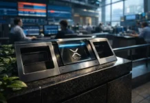 Wall Street moves beyond the Bitcoin ETF trade as XRP leads altcoins on fragile macro relief Bitcoin coin lodged in a deep crack between Wall Street and a rundown gas station street, symbolizing fragile markets as record highs clash with collapsing consumer confidence