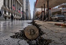 What Happens to Bitcoin if the TradFi rally breaks? Wall Street keeps printing record highs but consumer confidence just hit rock bottom Bitcoin coin lodged in a deep crack between Wall Street and a rundown gas station street, symbolizing fragile markets as record highs clash with collapsing consumer confidence