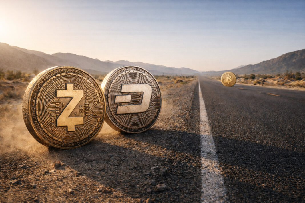 Zcash and Dash coins ahead of bitcoin on an open road, symbolizing privacy coins outperforming Bitcoin after the Iran ceasefire rally