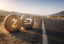 Zcash beats Bitcoin by 46% as privacy coins decouple during Iran War Zcash and Dash coins ahead of bitcoin on an open road, symbolizing privacy coins outperforming Bitcoin after the Iran ceasefire rally