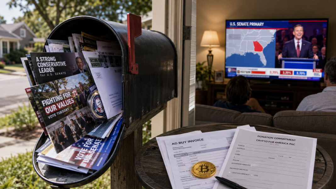Crypto PAC donation forms and campaign mailers beside a Bitcoin coin as voters watch a US Senate primary, illustrating how crypto-backed political spending is influencing elections faster than Congress can advance digital asset legislation.