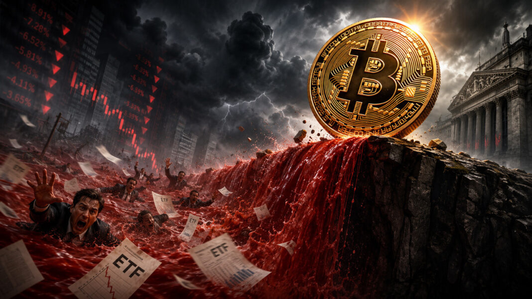 Bitcoin coin above a red wave symbolizing heavy Bitcoin ETF redemptions and a broader market selloff.