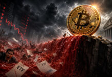Did $6B in ETF outflows just mark Bitcoin’s first Wall Street capitulation? Bitcoin coin above a red wave symbolizing heavy Bitcoin ETF redemptions and a broader market selloff.