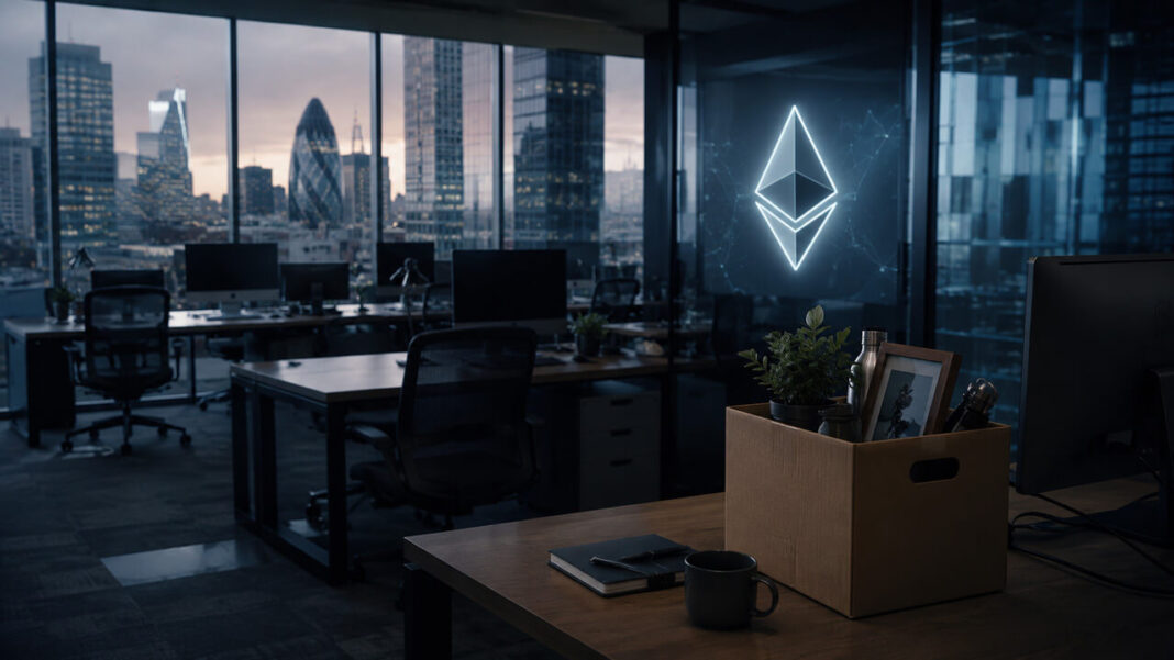Ethereum Foundation staff in a modern office with Ethereum logo displayed on a large screen, representing the organization