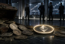 Ethereum’s oldest wallets are selling into the $1,500 demand line buyers cannot dodge Bitcoin coin above a red wave symbolizing heavy Bitcoin ETF redemptions and a broader market selloff.