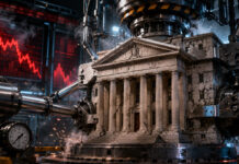 Fed stress tests reveal whether banks can survive a 10% unemployment shock Federal Reserve building with a falling stock market chart illustrating U.S. bank stress test scenario.
