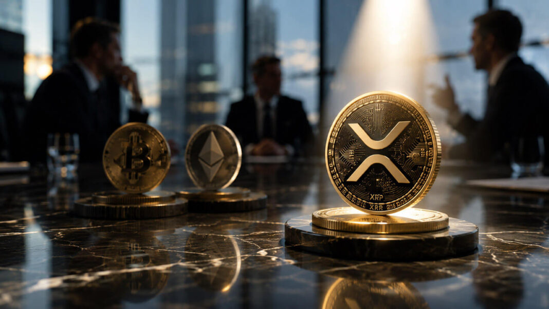 XRP token in a boardroom with institutional investors and rising price chart representing growing institutional demand for XRP ETFs.