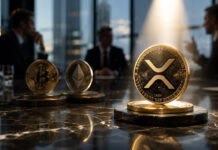 Institutions dumped Bitcoin and Ethereum ETFs but still bought XRP and HYPE again XRP token in a boardroom with institutional investors and rising price chart representing growing institutional demand for XRP ETFs.