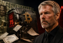 Michael Saylor’s Bitcoin machine hits $8 billion cash wall as STRC crashes 25% below par Federal Reserve building with a falling stock market chart illustrating U.S. bank stress test scenario.