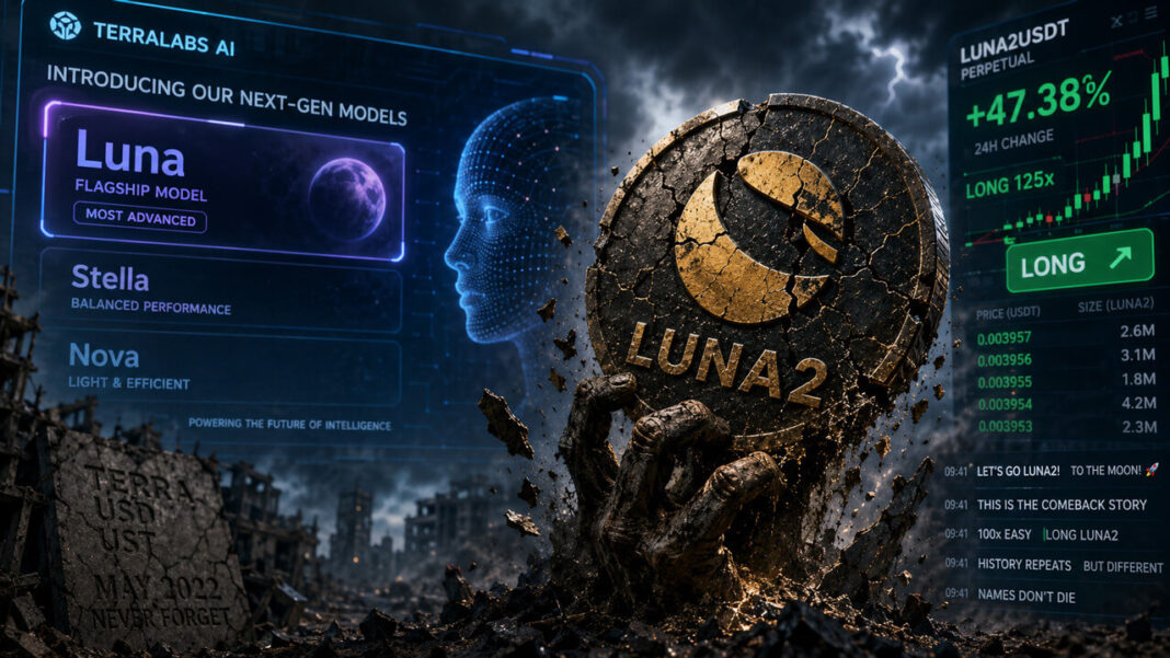 LUNA2 coin with AI-themed background after price surge driven by name confusion hype