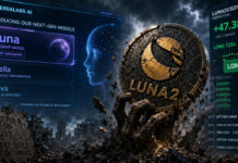 OpenAI’s Luna name turned Terra’s dead token into a YOLO leverage trade LUNA2 coin with AI-themed background after price surge driven by name confusion hype