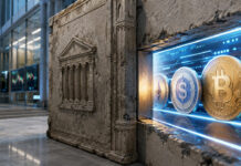 Outdated bank rules may keep crypto outside the banks now allowed to hold it Ancient stone barrier with digital finance interface symbols