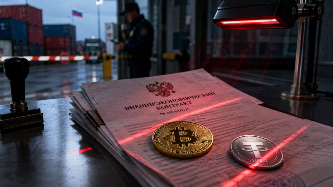 Bitcoin and USDT beside Russian foreign trade documents under customs inspection, illustrating the use of digital currencies in cross-border settlements and international trade under Russia