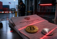 Russia creates crypto sanctions loophole, but cash-out routes remain ringfenced Bitcoin and USDT beside Russian foreign trade documents under customs inspection, illustrating the use of digital currencies in cross-border settlements and international trade under Russia