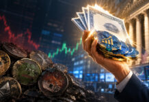 The next crypto recovery trade might be equities instead of tokens Illustration of a hand holding a glowing digital token with stock market charts representing crypto recovery shifting toward equity investments.